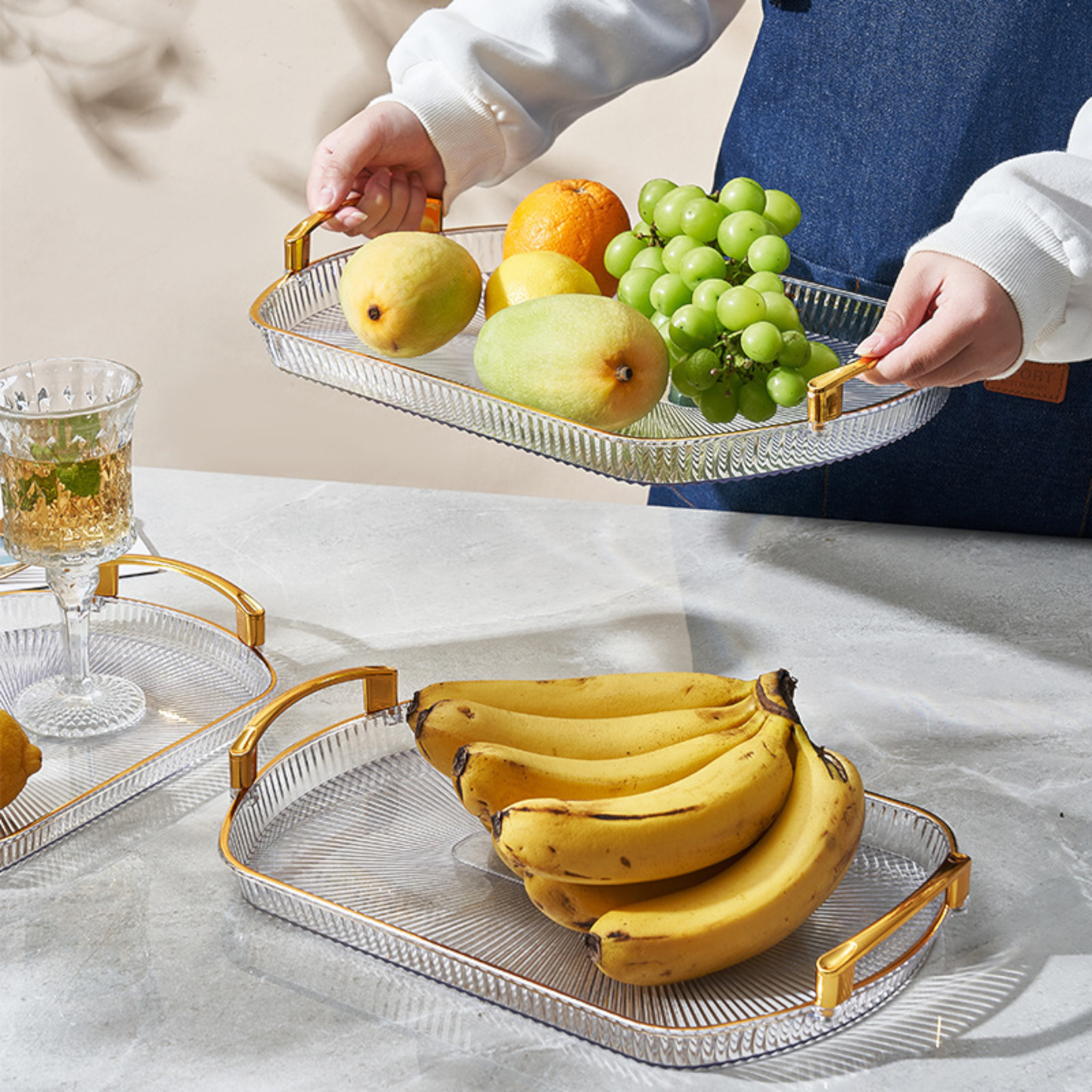 Exquisite Fruit Acrylic Glass Plate with Golden Handles 3pcs