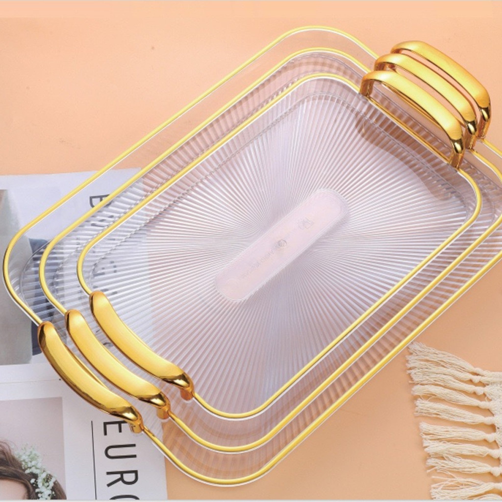 Exquisite Fruit Acrylic Glass Plate with Golden Handles 3pcs