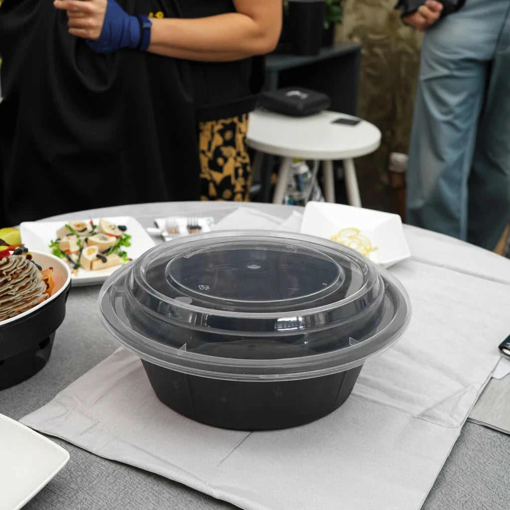 Microwavable Takeaway Food Bowl - Black Base Round PP Plastic Container Lunch Box with Lid 10pack