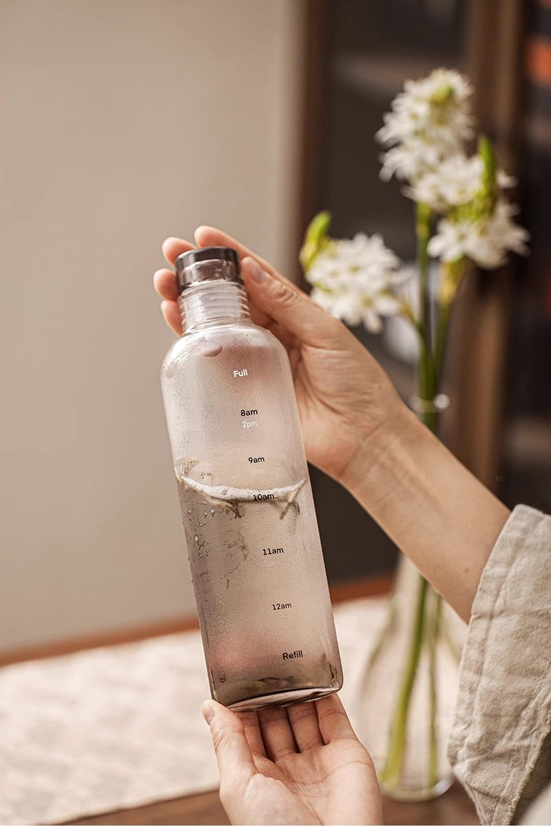 Elegant Time-Scale Sports Water Bottle Borosilicate Glass 550ml - Leak Proof 23x6.5cm