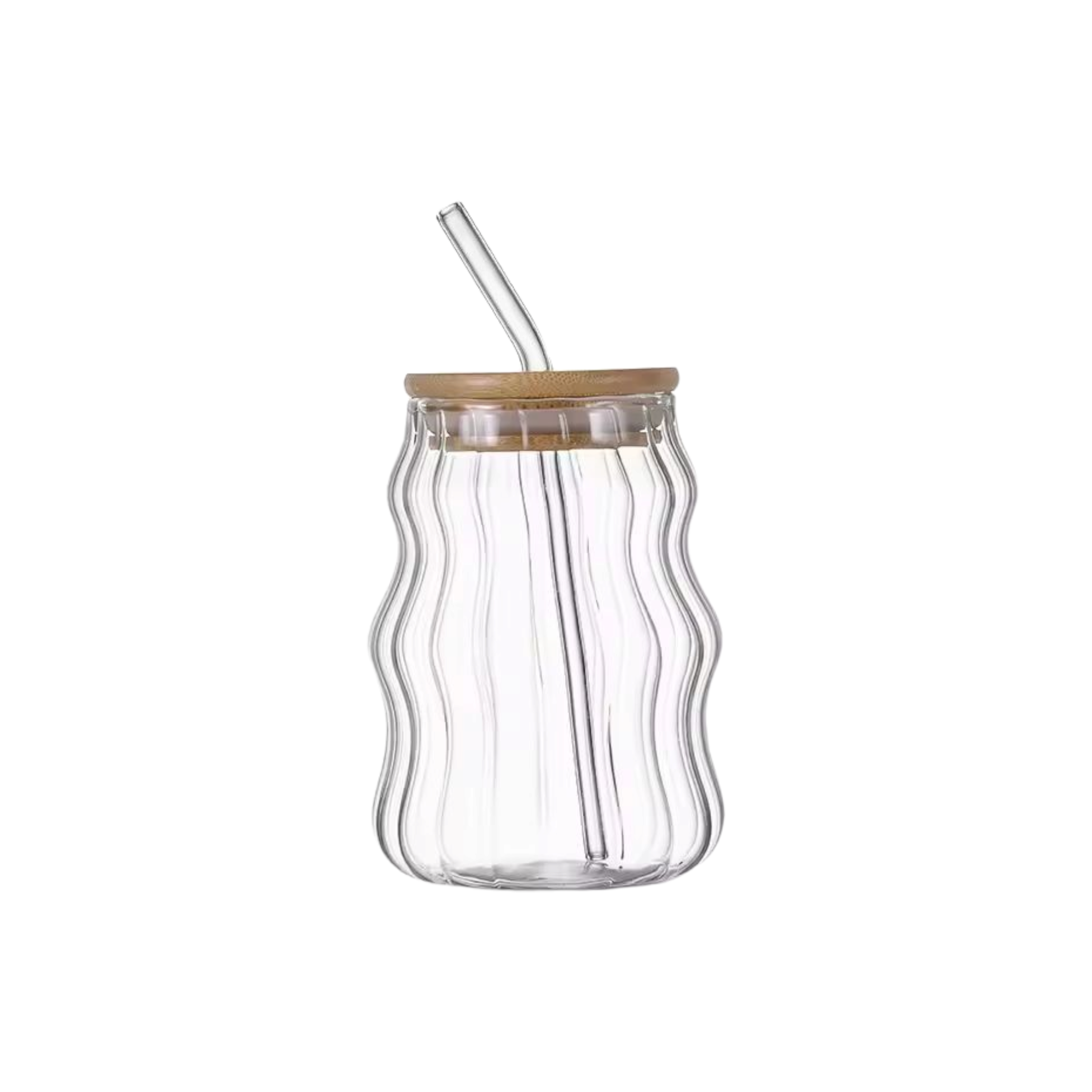 Glass Drinking Wavy Cup Ribbed with Bamboo Lid & Glass Curved Straw 500ml 7x15cm