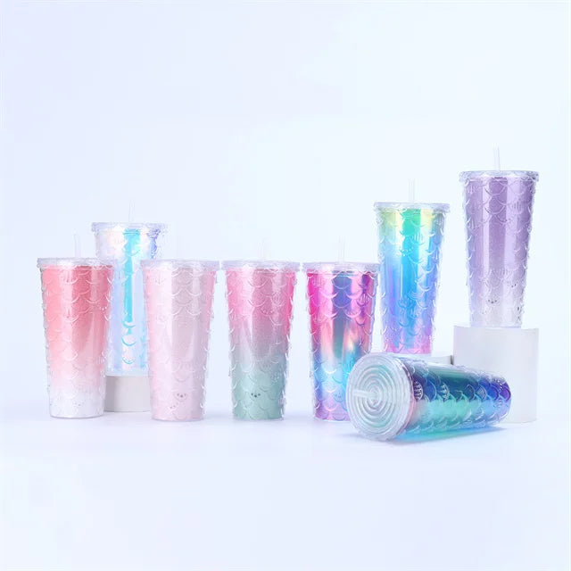 710ml Acrylic Drinking Tumbler Gradient-Coloured Fish Scale Patterned Sippy Cup 23x10.5cm