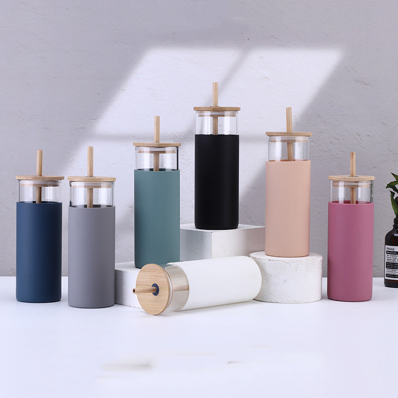 500ml Glass Drinking Bottle with Silicone Sleeve Grip & Bamboo Lid and Straw 7x17.5cm