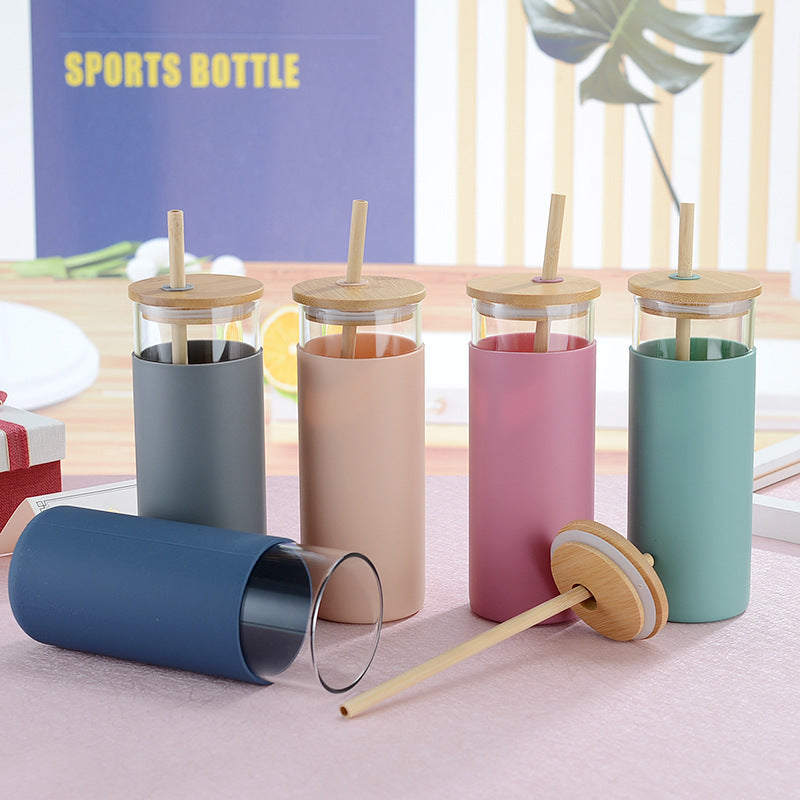 500ml Glass Drinking Bottle with Silicone Sleeve Grip & Bamboo Lid and Straw 7x17.5cm