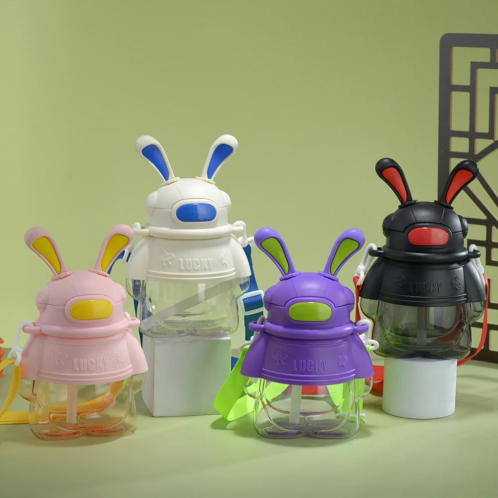 750ml Space Rabbit Cartoon Sports Water Bottle with Anti Drop Straw