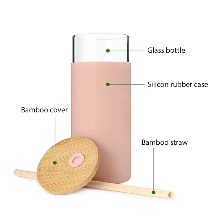 500ml Glass Drinking Bottle with Silicone Sleeve Grip & Bamboo Lid and Straw 7x17.5cm