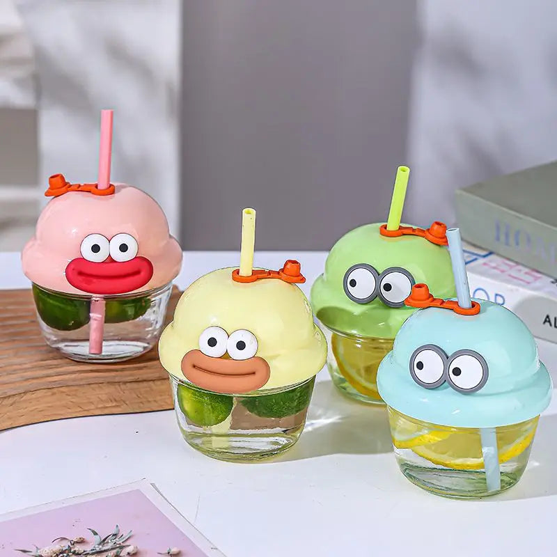 210ml Creative Mini Cute Cartoon Glass Cup with Straw 10cm