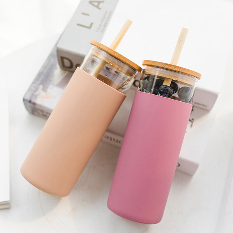 500ml Glass Drinking Bottle with Silicone Sleeve Grip & Bamboo Lid and Straw 7x17.5cm