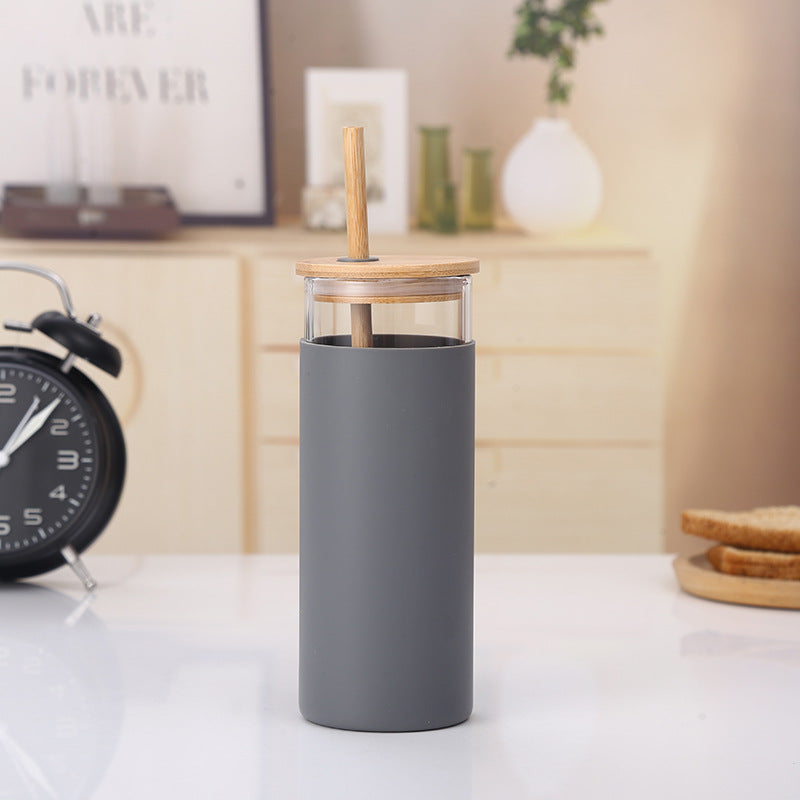 500ml Glass Drinking Bottle with Silicone Sleeve Grip & Bamboo Lid and Straw 7x17.5cm