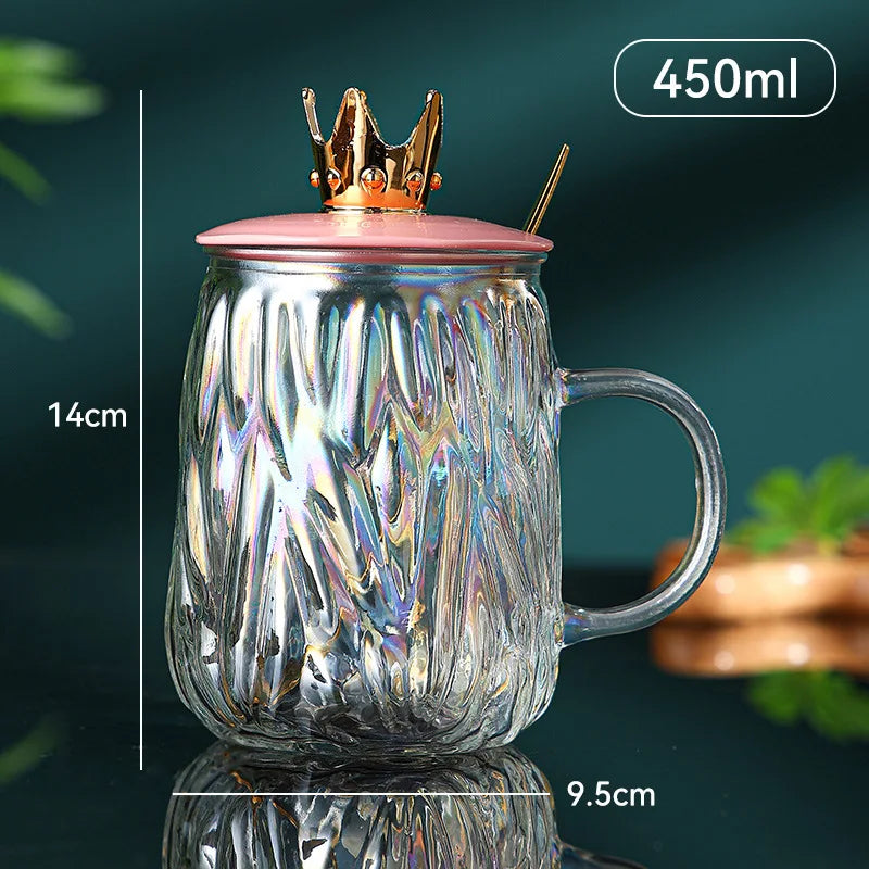 Borosilicate Glass Drinking Mug with Crown Lid & Spoon 450ml