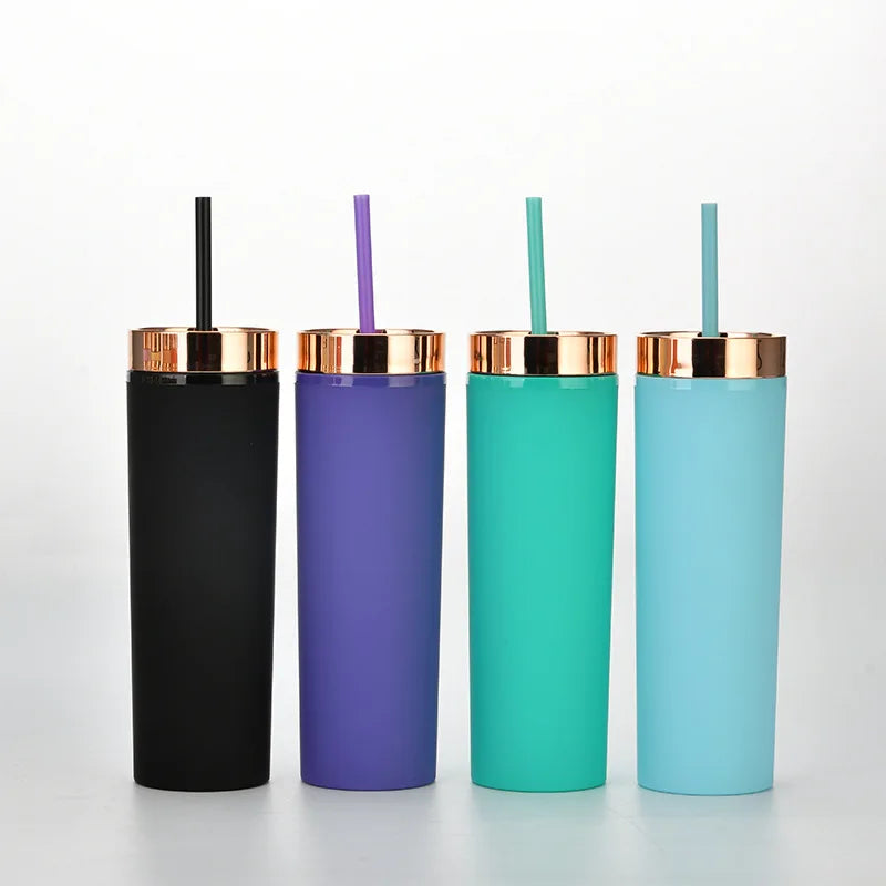 473ml Skinny Drinking Tumbler Acrylic Reusable with Rose Gold Lid & Straw 7x21cm