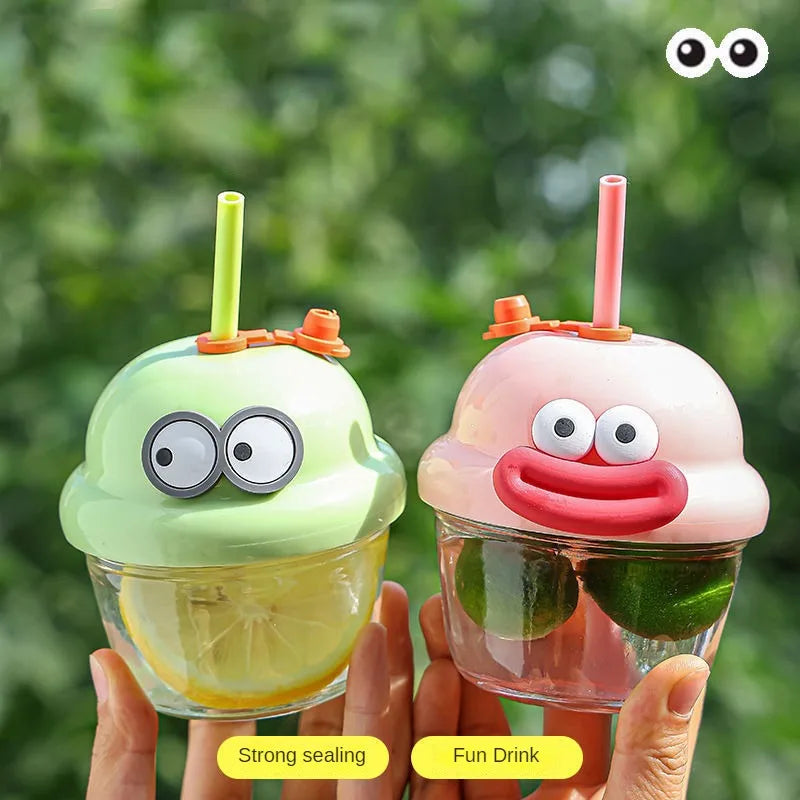 210ml Creative Mini Cute Cartoon Glass Cup with Straw 10cm