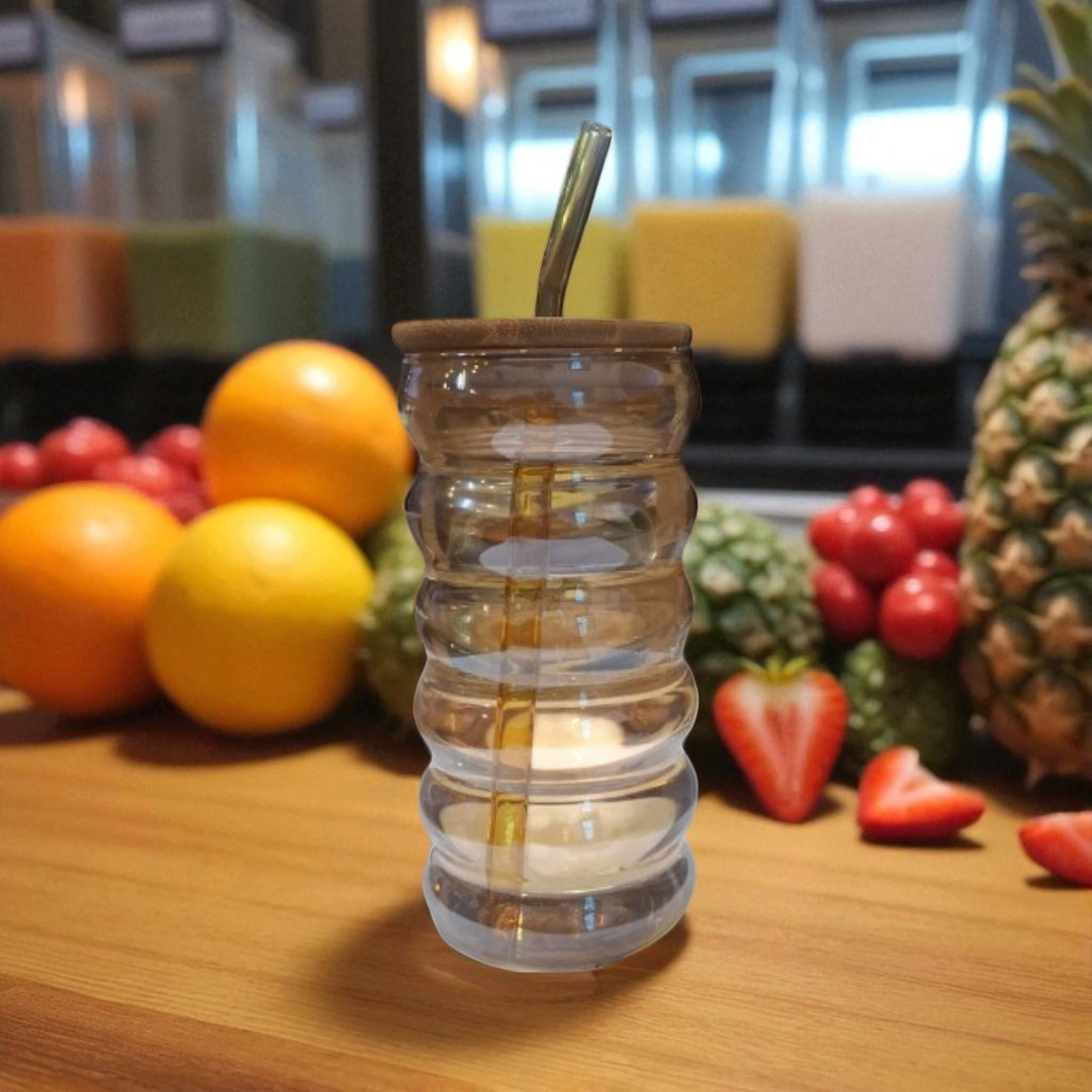 Amber Glass Drinking Ribbed Cup 500ml with Bamboo Lid & Amber Curved Straw 7x15cm