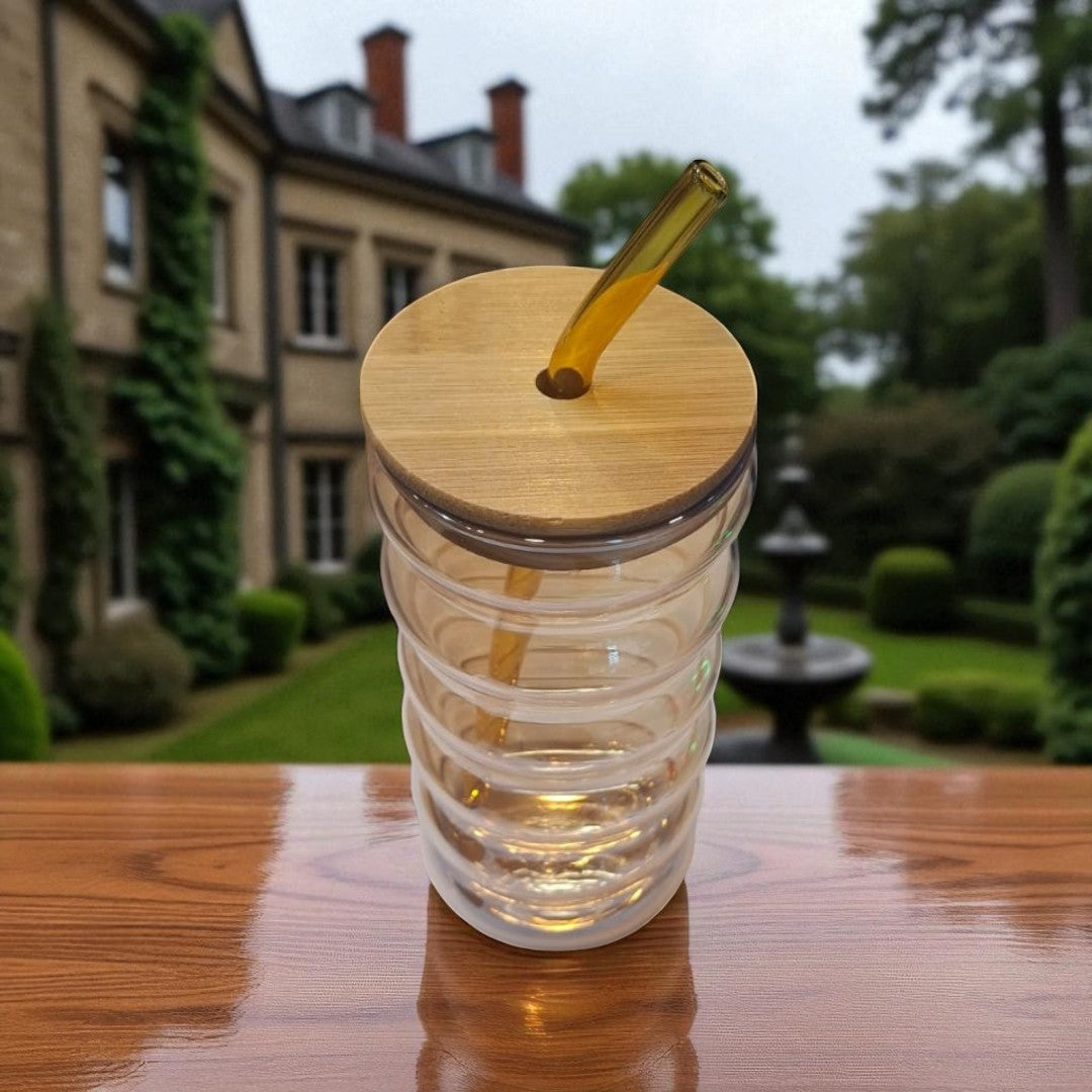 Amber Glass Drinking Ribbed Cup 500ml with Bamboo Lid & Amber Curved Straw 7x15cm