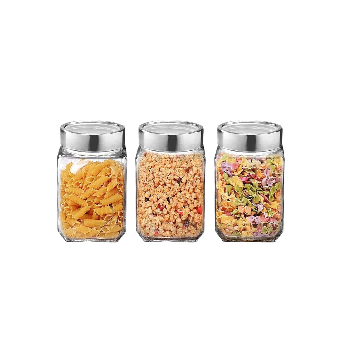 Glass Storage Jar Canister with Silver Lid 3pc Set