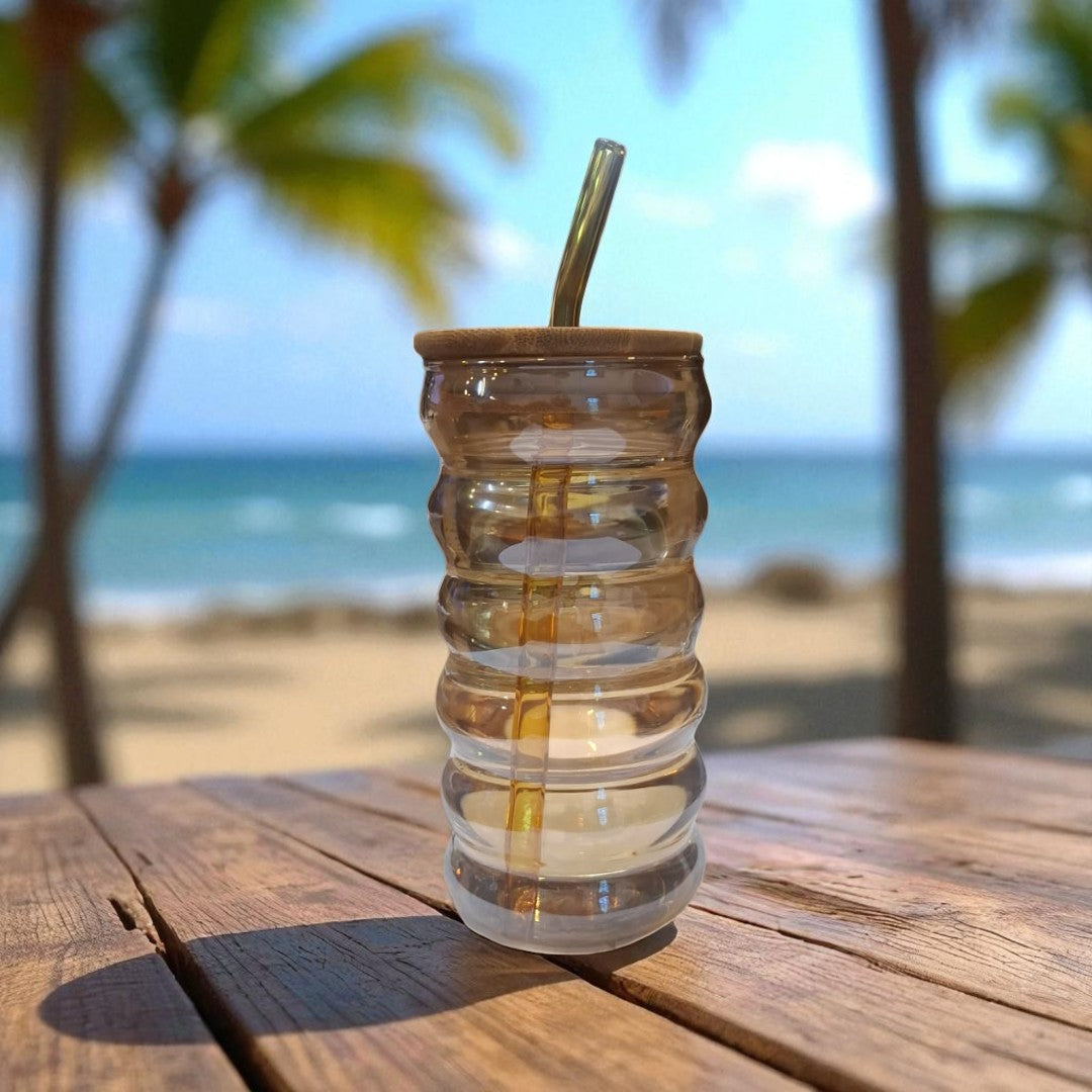 Amber Glass Drinking Ribbed Cup 500ml with Bamboo Lid & Amber Curved Straw 7x15cm