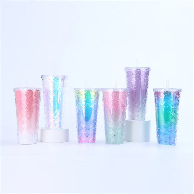 710ml Acrylic Drinking Tumbler Gradient-Coloured Fish Scale Patterned Sippy Cup 23x10.5cm