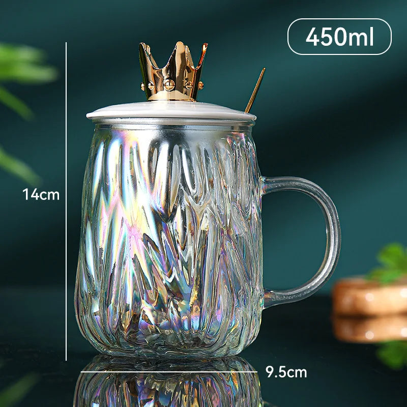 Borosilicate Glass Drinking Mug with Crown Lid & Spoon 450ml