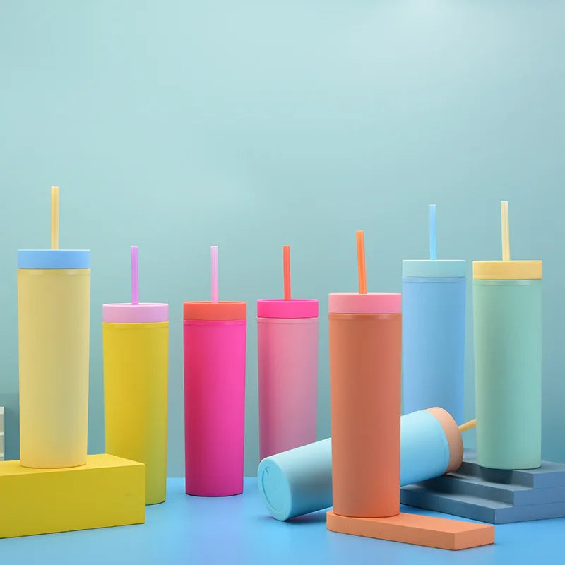 473ml Skinny Drinking Tumbler Acrylic Reusable with Inverted Color Lid and Straw 7x21cm