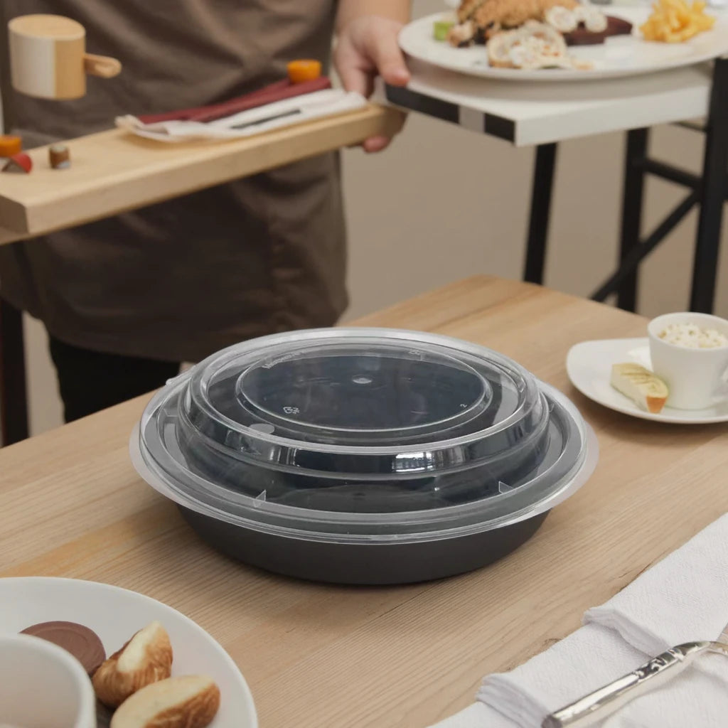 Microwavable Takeaway Food Bowl - Black Base Round PP Plastic Container Lunch Box with Lid 10pack