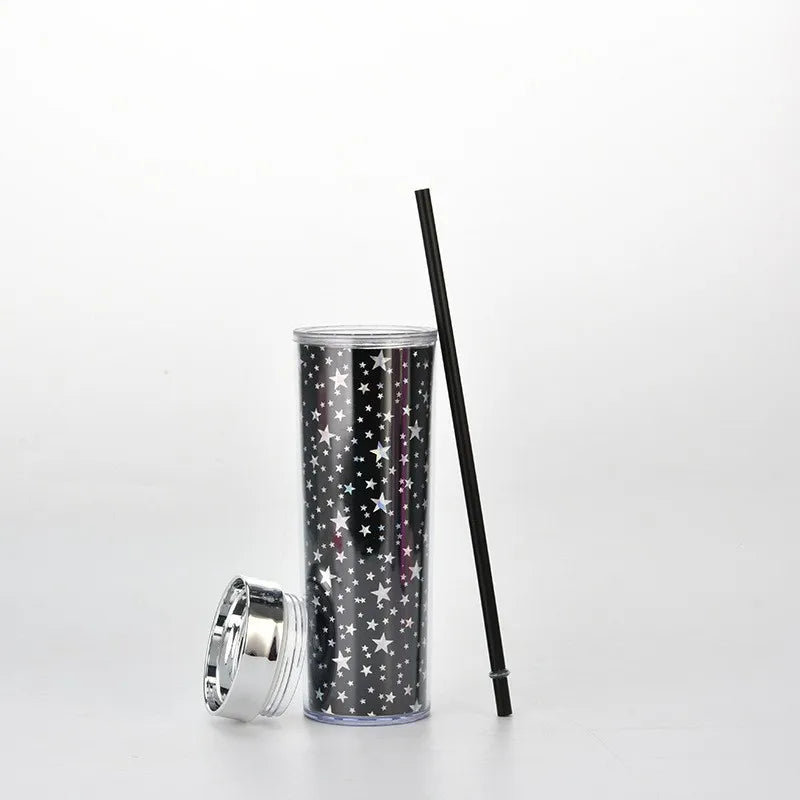 473ml Skinny Drinking Tumbler Acrylic Double-Wall Reusable with Lid & Straw 21x7cmn Heart Patterned