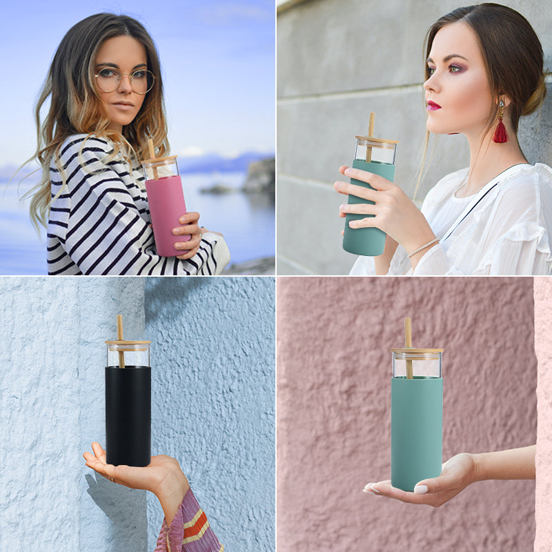 500ml Glass Drinking Bottle with Silicone Sleeve Grip & Bamboo Lid and Straw 7x17.5cm