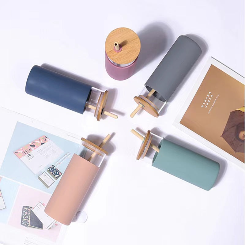 500ml Glass Drinking Bottle with Silicone Sleeve Grip & Bamboo Lid and Straw 7x17.5cm