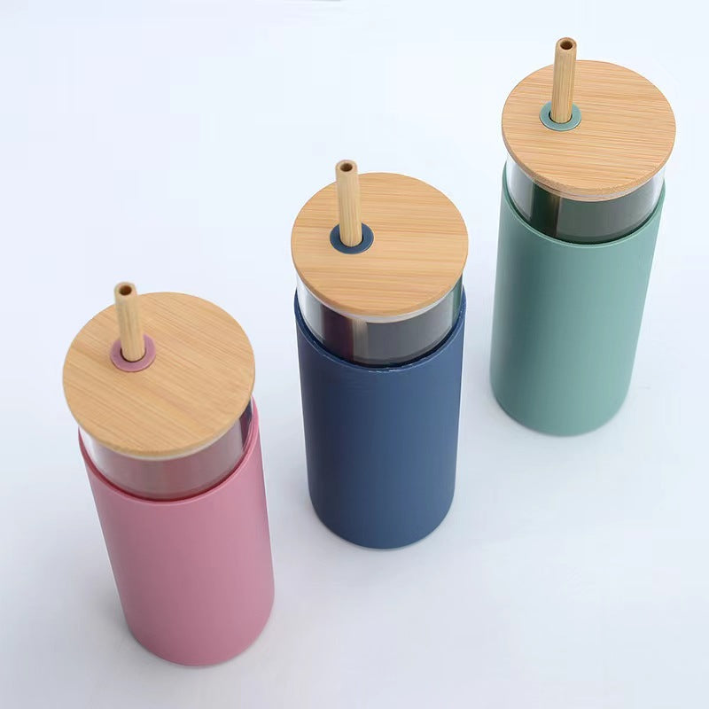 500ml Glass Drinking Bottle with Silicone Sleeve Grip & Bamboo Lid and Straw 7x17.5cm