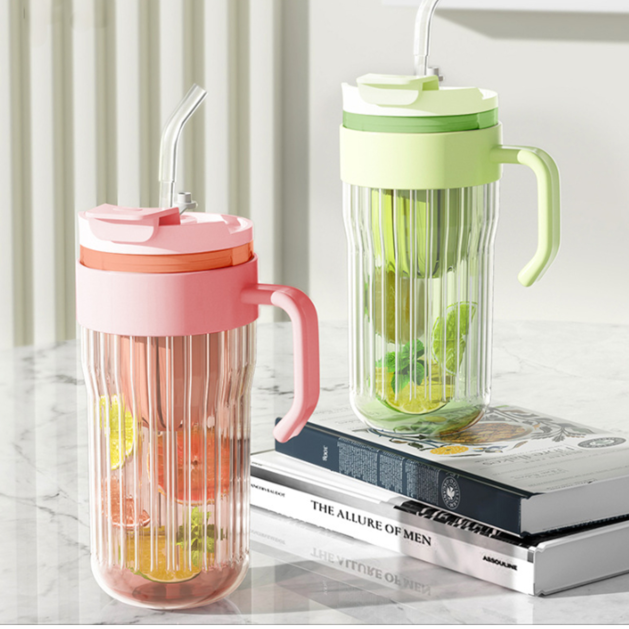 Eco-Friendly Ribbed Glass Coffee and Tea Mug with Strainer & Straw 580ml