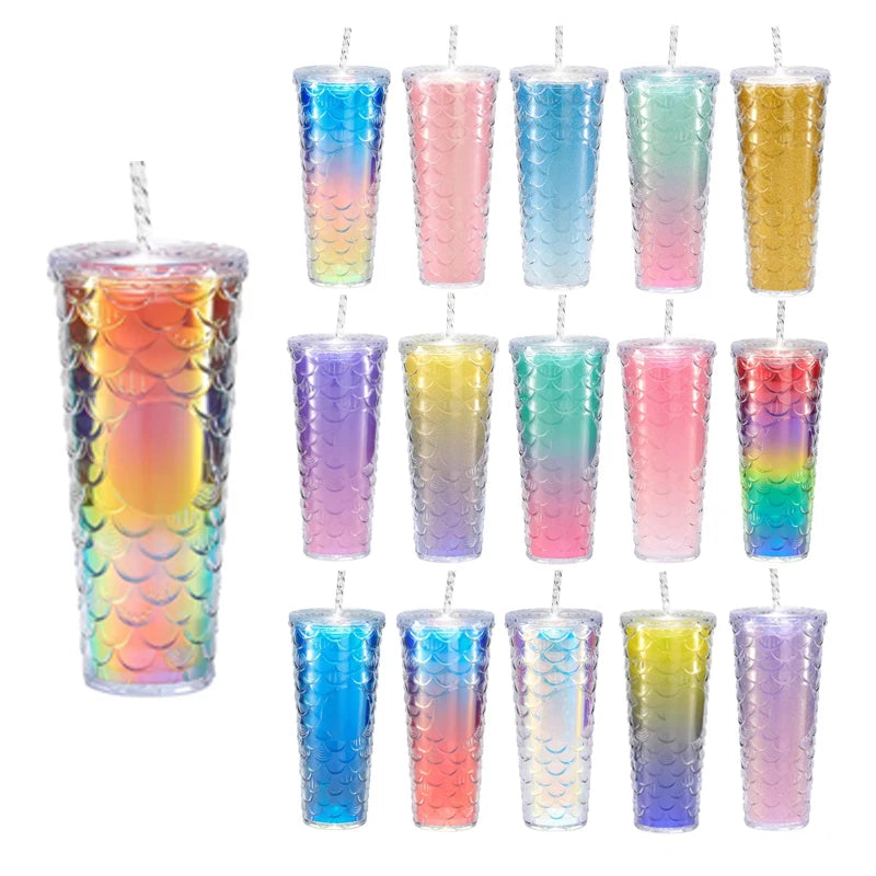710ml Acrylic Drinking Tumbler Gradient-Coloured Fish Scale Patterned Sippy Cup 23x10.5cm