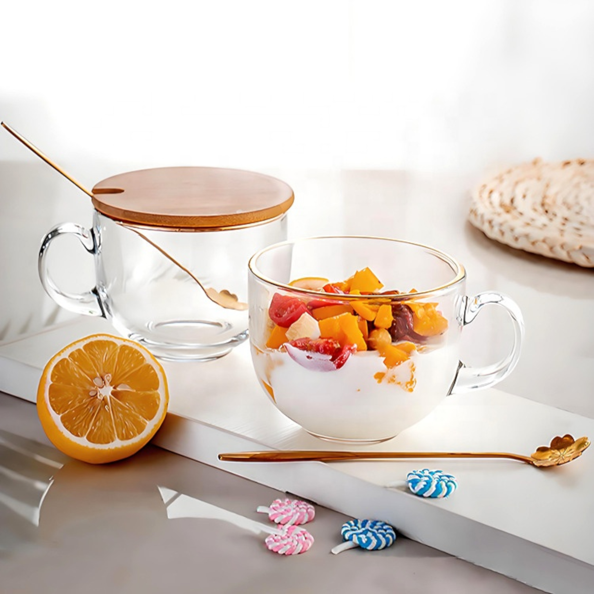 Breakfast Glass Cup Mug with Bamboo Wooden Lid & Spoon 1pc