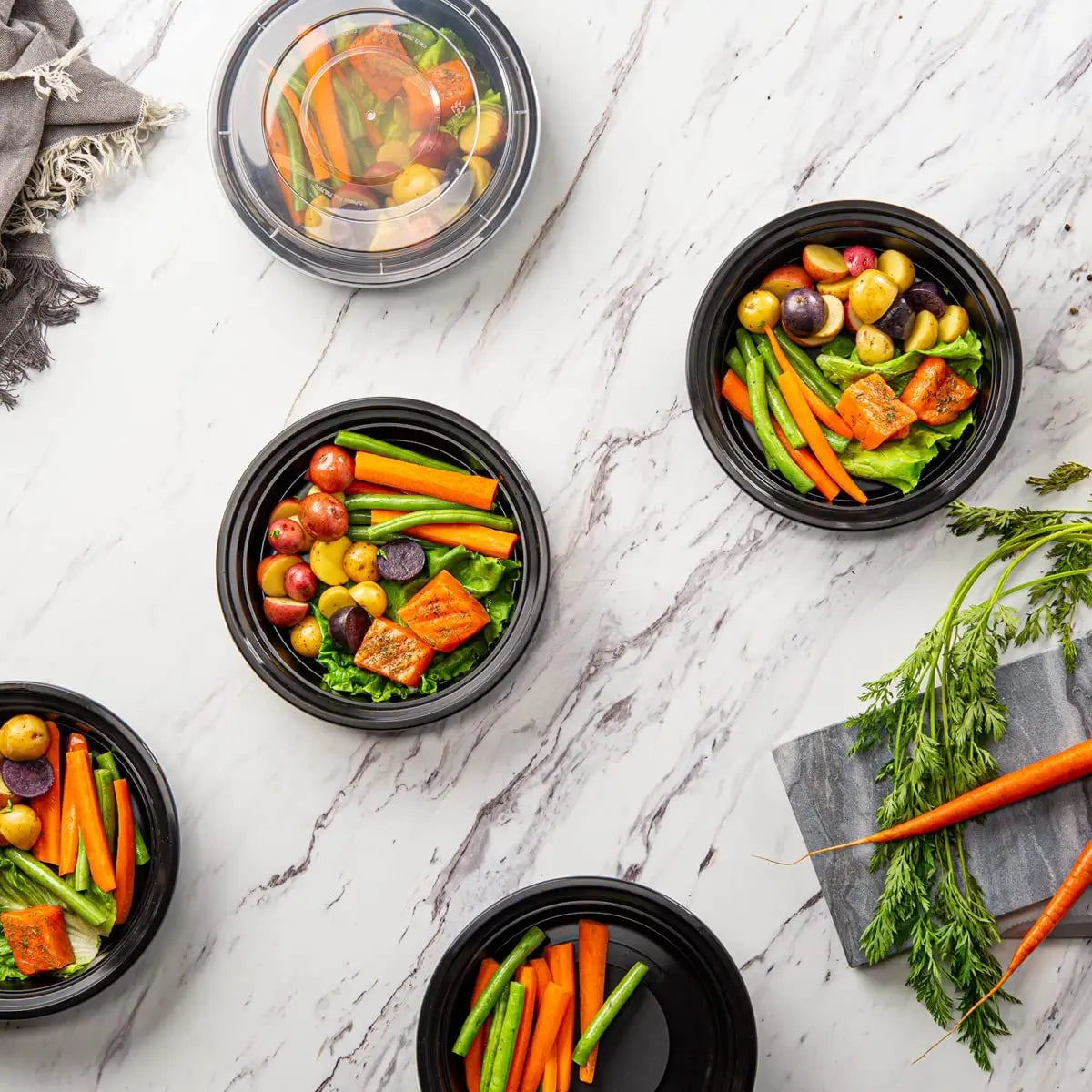 Microwavable Takeaway Food Bowl - Black Base Round PP Plastic Container Lunch Box with Lid 10pack