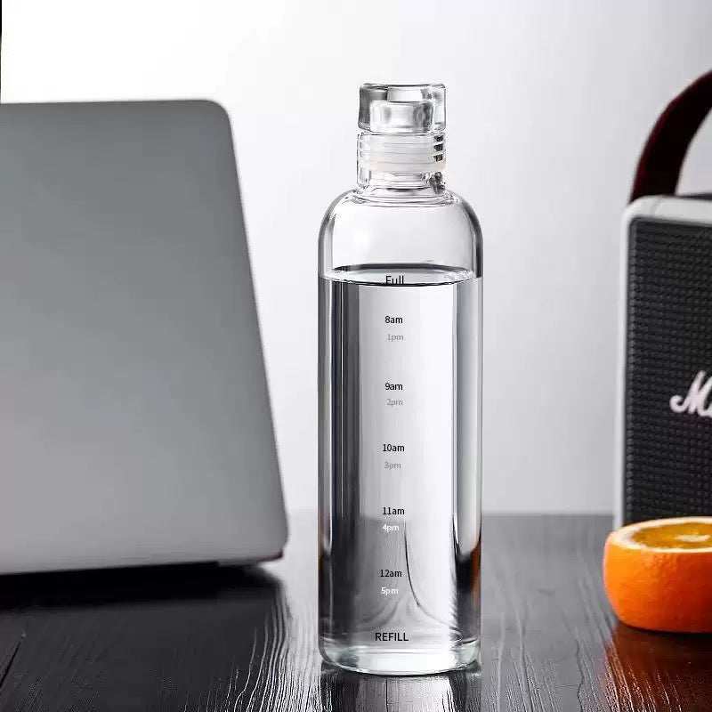 Elegant Time-Scale Sports Water Bottle Borosilicate Glass 550ml - Leak Proof 23x6.5cm