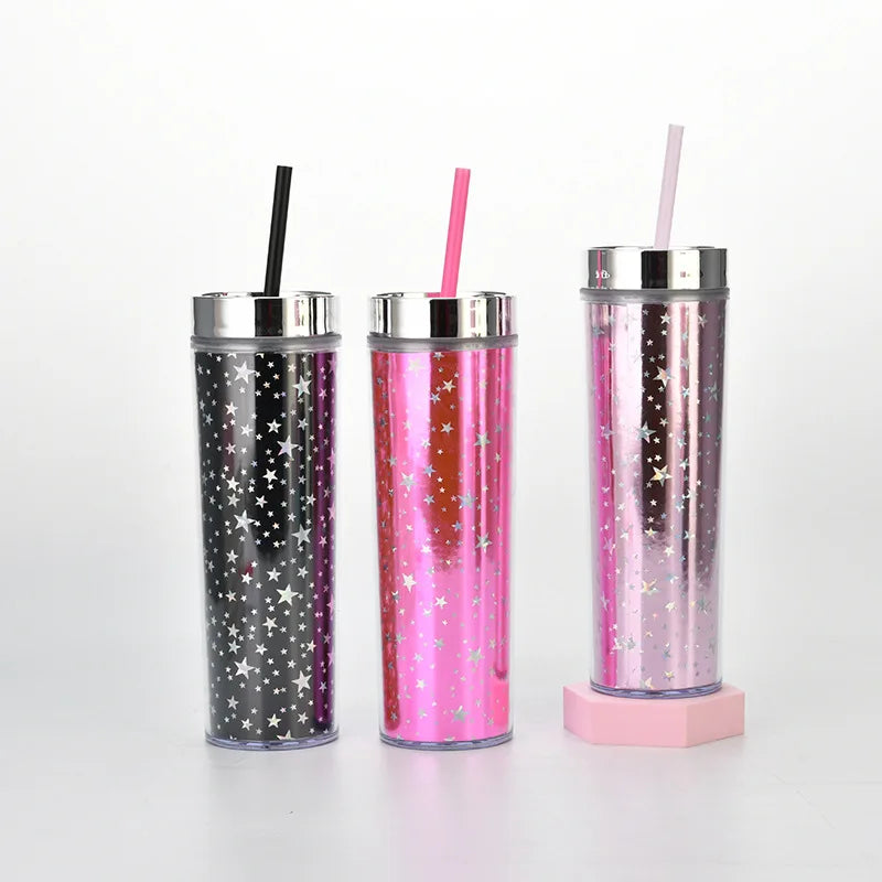 473ml Skinny Drinking Tumbler Acrylic Double-Wall Reusable with Lid & Straw 21x7cmn Heart Patterned