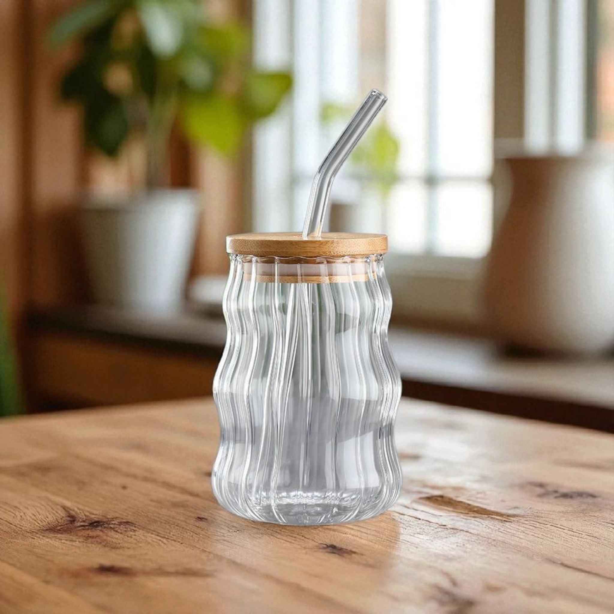 Glass Drinking Wavy Cup Ribbed with Bamboo Lid & Glass Curved Straw 500ml 7x15cm