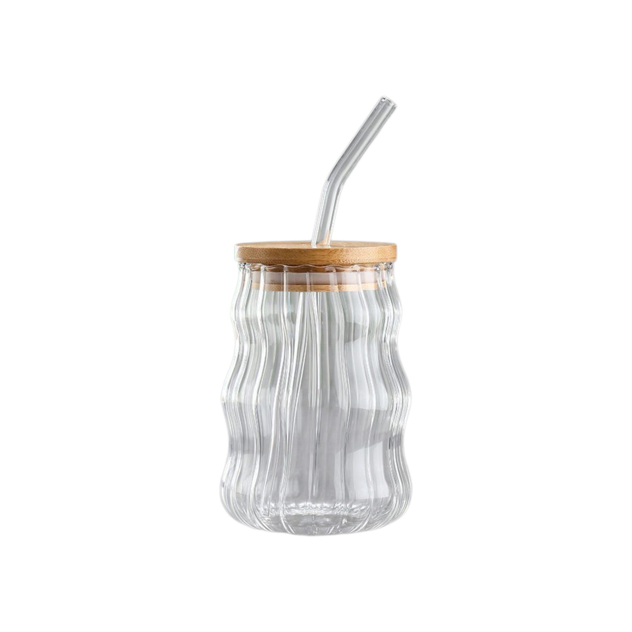 Glass Drinking Wavy Cup Ribbed with Bamboo Lid & Glass Curved Straw 500ml 7x15cm