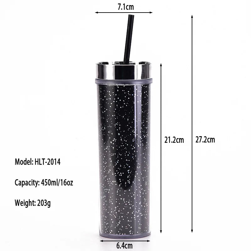 473ml Skinny Drinking Tumbler Acrylic Double-Wall Reusable with Lid & Straw 21x7cmn Heart Patterned