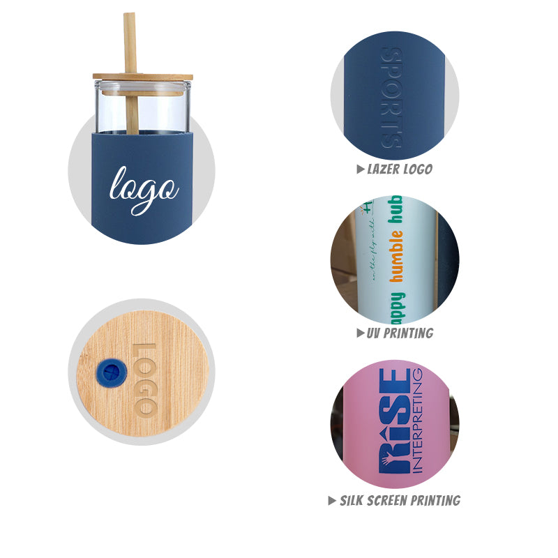 500ml Glass Drinking Bottle with Silicone Sleeve Grip & Bamboo Lid and Straw 7x17.5cm