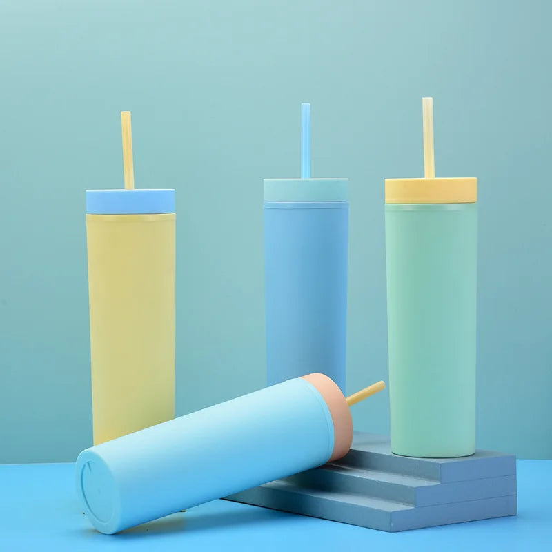 473ml Skinny Drinking Tumbler Acrylic Reusable with Inverted Color Lid and Straw 7x21cm