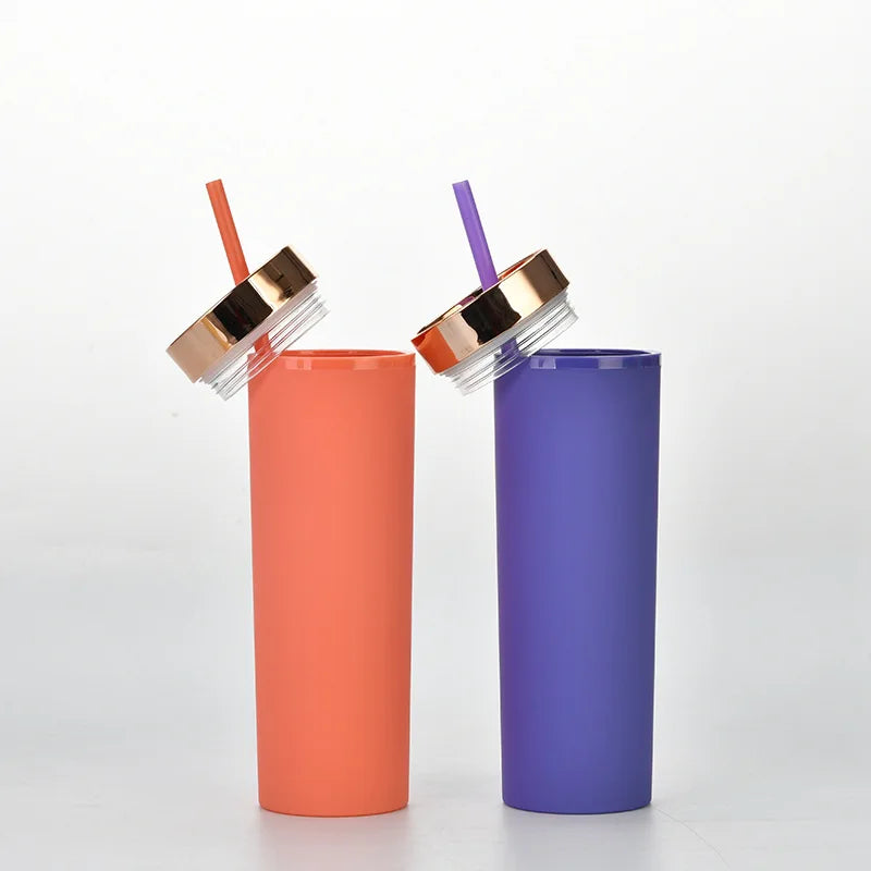 473ml Skinny Drinking Tumbler Acrylic Reusable with Rose Gold Lid & Straw 7x21cm