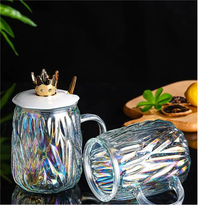 Borosilicate Glass Drinking Mug with Crown Lid & Spoon 450ml