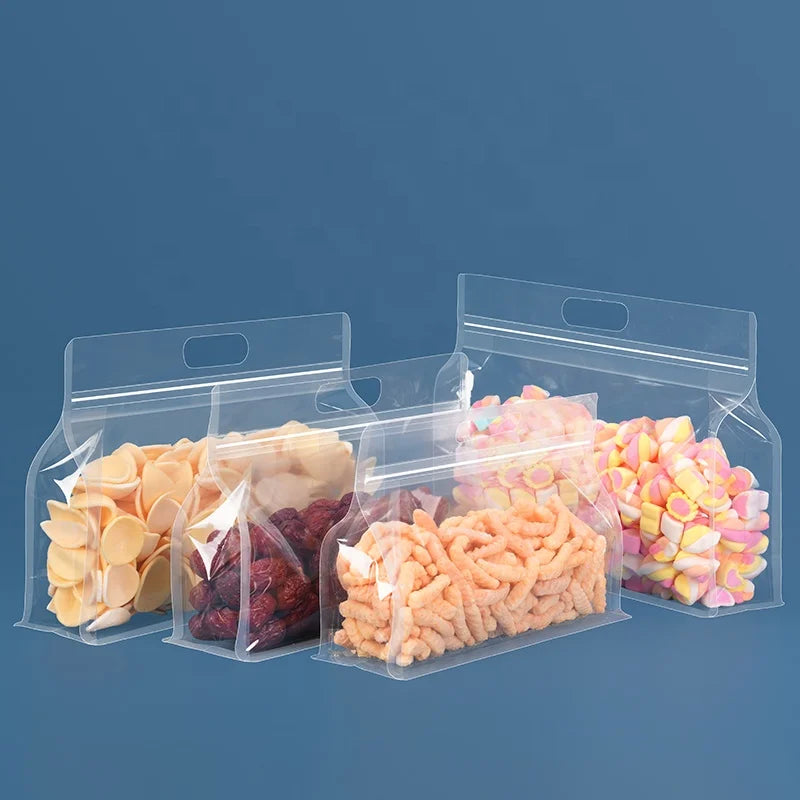 Food Grade Zip Lock Stand-Up Carry Pouch Plastic Bags - Octagon Landscape Transparent with Handle Flat Bottom Gusset 10pack Resealable