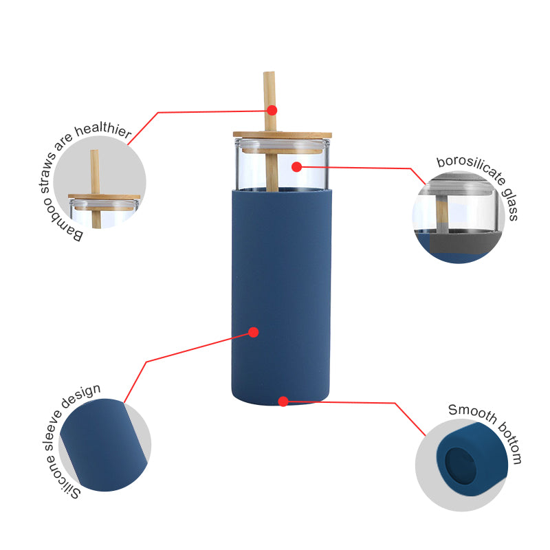 500ml Glass Drinking Bottle with Silicone Sleeve Grip & Bamboo Lid and Straw 7x17.5cm