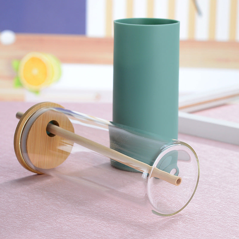 500ml Glass Drinking Bottle with Silicone Sleeve Grip & Bamboo Lid and Straw 7x17.5cm