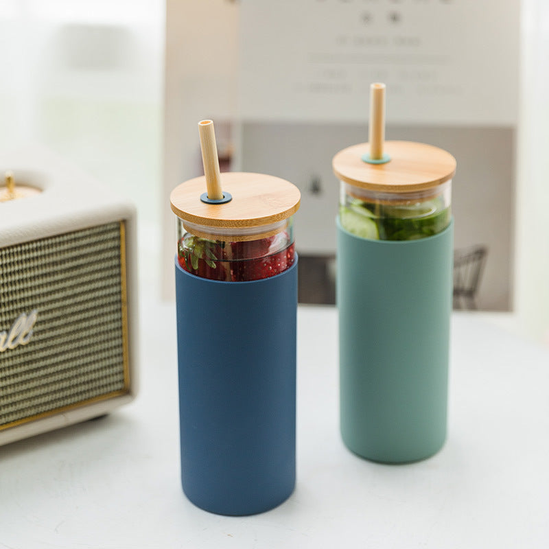 500ml Glass Drinking Bottle with Silicone Sleeve Grip & Bamboo Lid and Straw 7x17.5cm