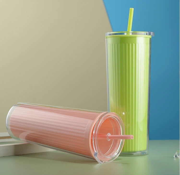 720ml Acrylic Drinking Tumbler Bottle with Lid & Straw 23x9cm