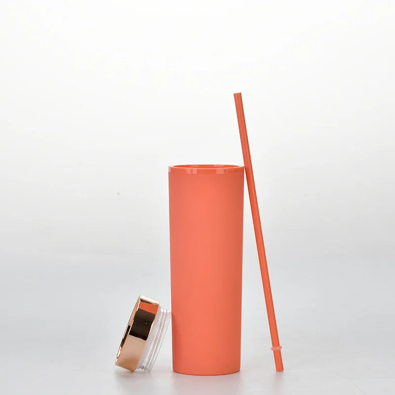 473ml Skinny Drinking Tumbler Acrylic Reusable with Rose Gold Lid & Straw 7x21cm