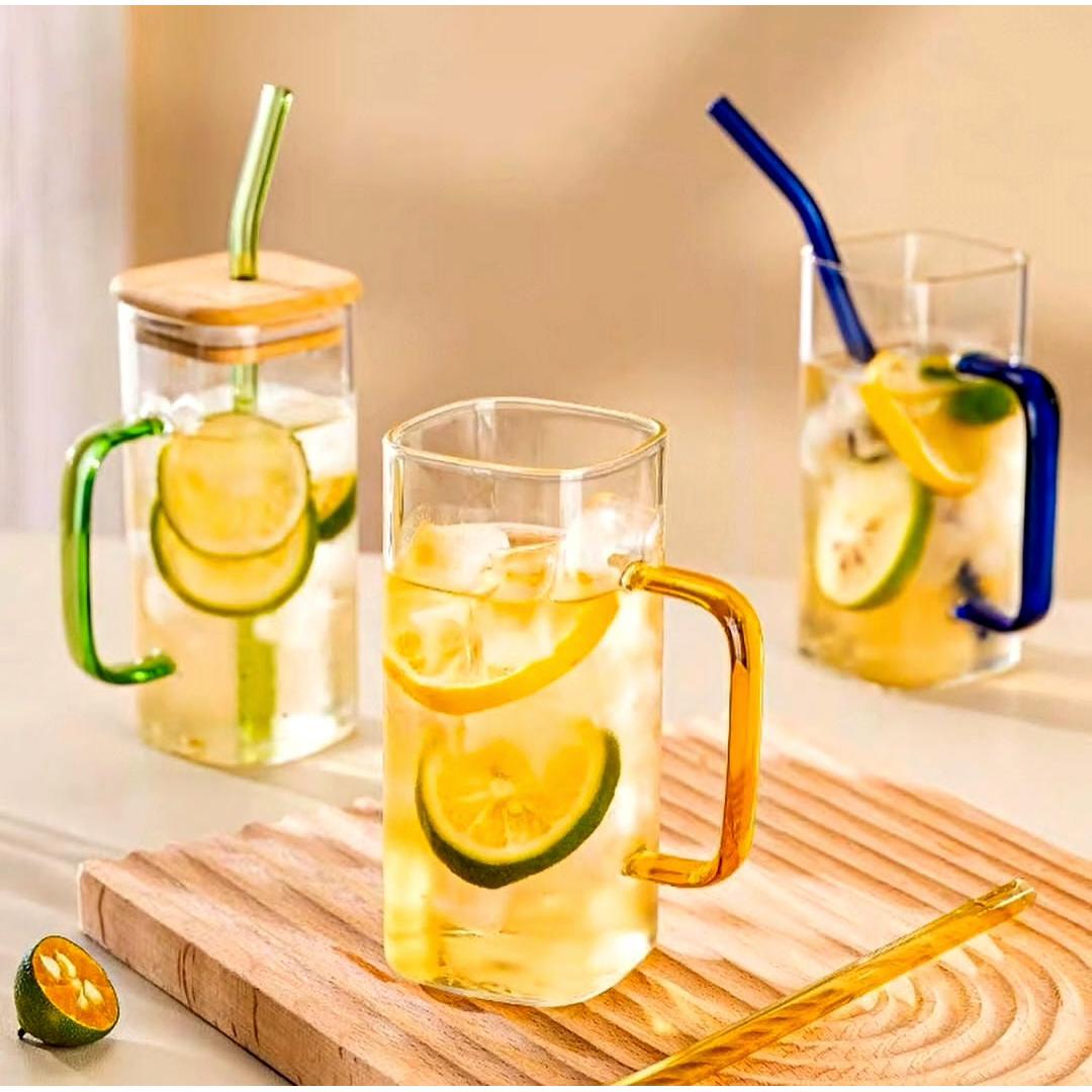 Glass Drinking Mug 350ml Square with Bamboo Lid & Borosilicate Curved Straw