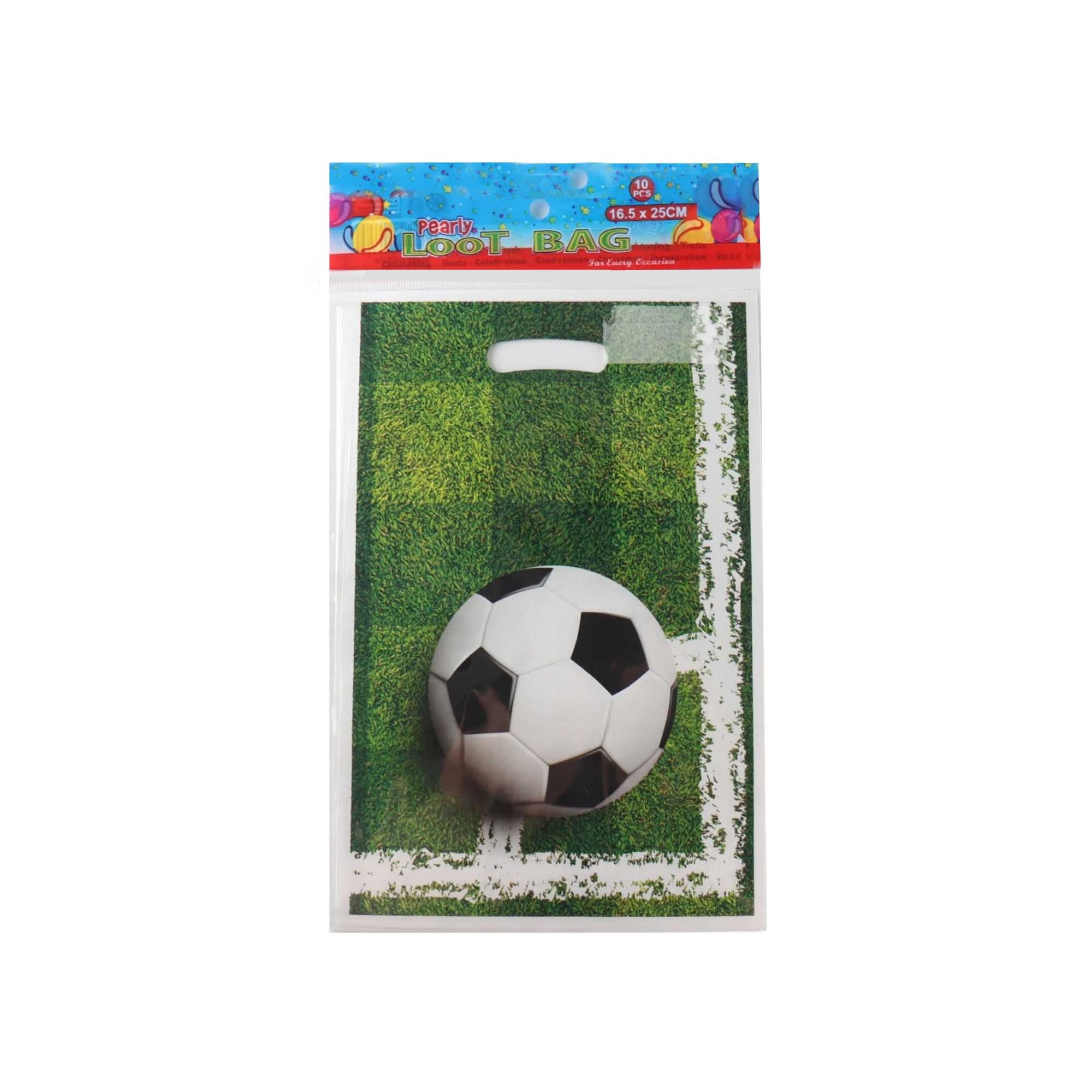 Party Loot Soccer Plastic Bags 16x25cm 10pack Die Cut Handle