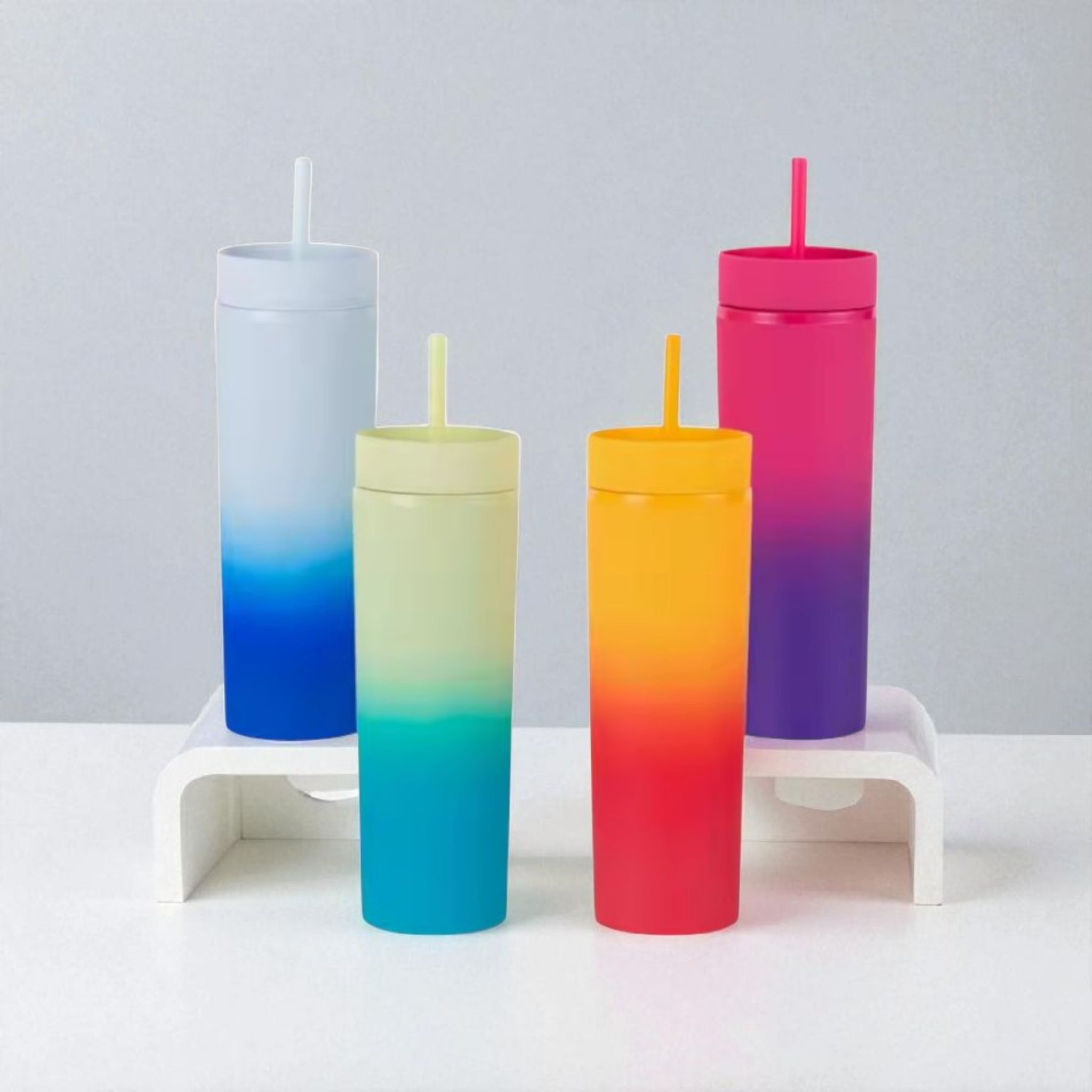 473ml Skinny Drinking Tumbler Pastel 2-Tone Acrylic Bottle Reusable with Lid & Straw 21x7cm